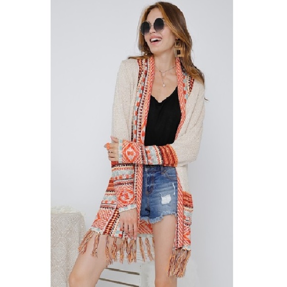NWT Aztec Print Fringed Long Knit Boho Cardigan - Picture 6 of 6